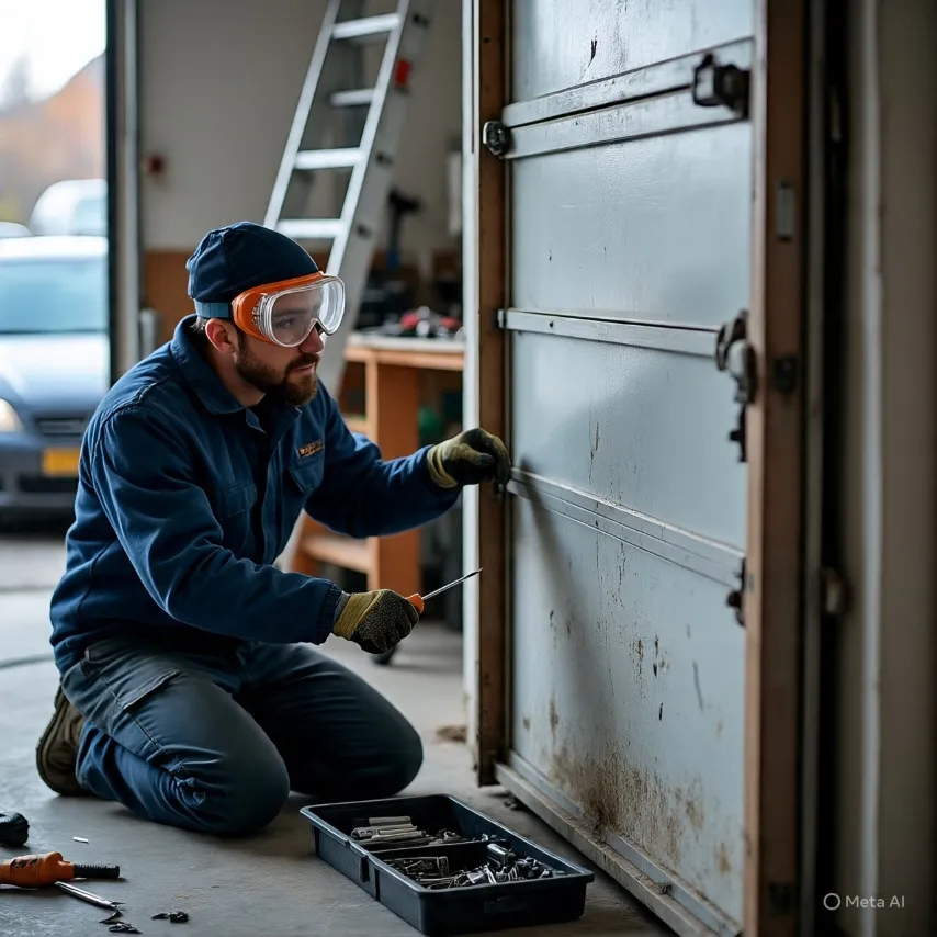 Broken garage door spring being replaced by technician